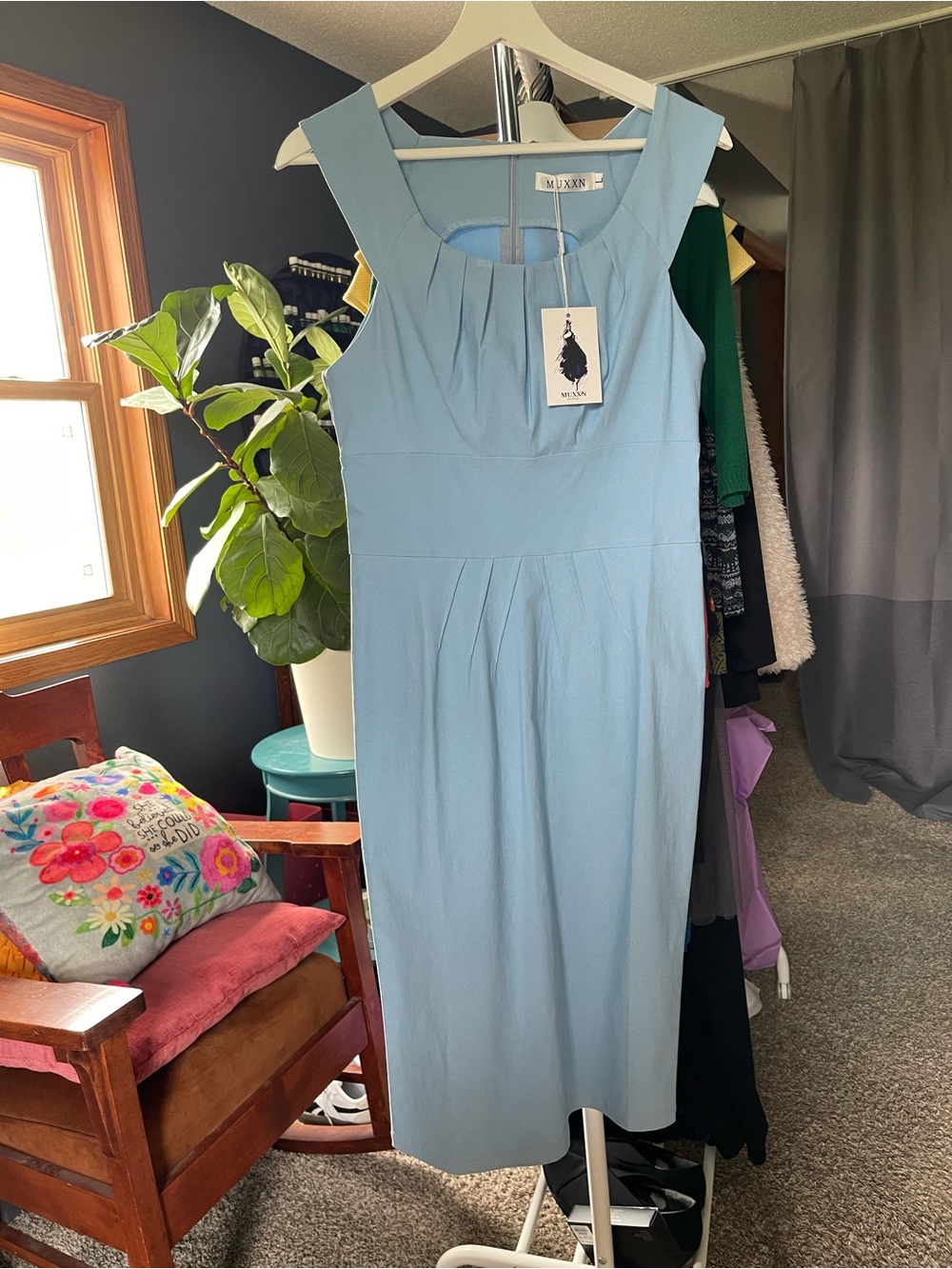MUXXN Sky Blue Sleeveless Pleated Neck Midi Dress